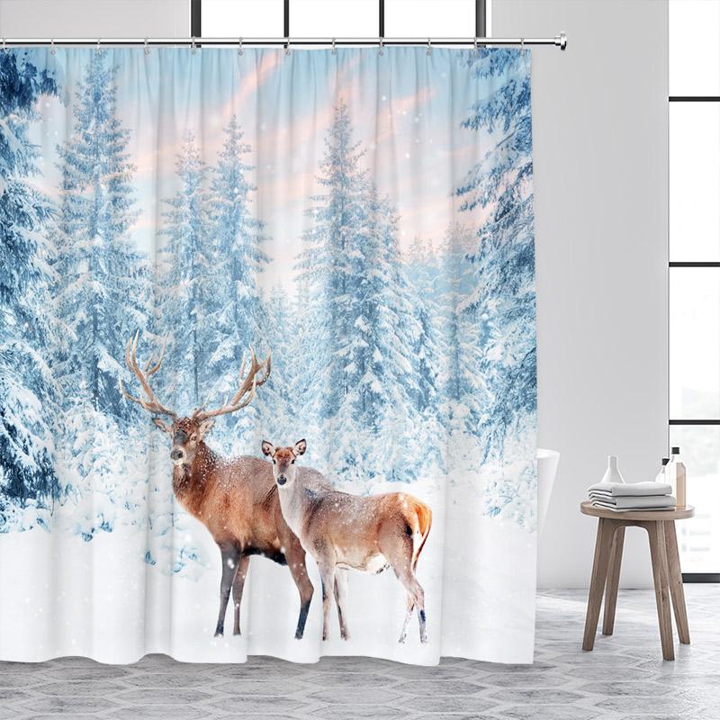 

Winter Elk Shower Curtains Farmhouse Whitetail Deer Night Snow Forest Landscape Christmas Bathroom Decor Bath Curtain with Hooks 90x180cm-35x70in