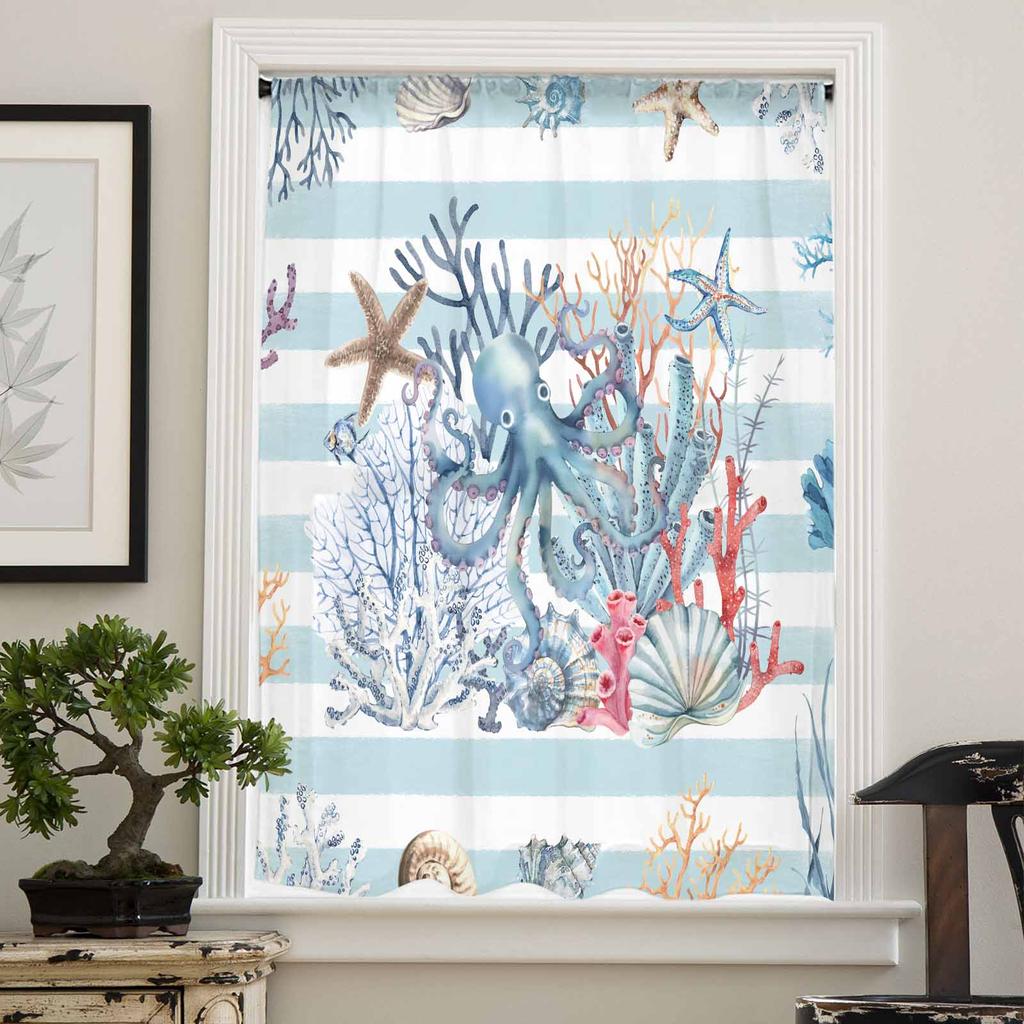 Ocean Blue Striped Coral Starfish Shell Conch Octopus Sheer Curtains for Kids Living Room Voile Window Curtains Tulle Drapes