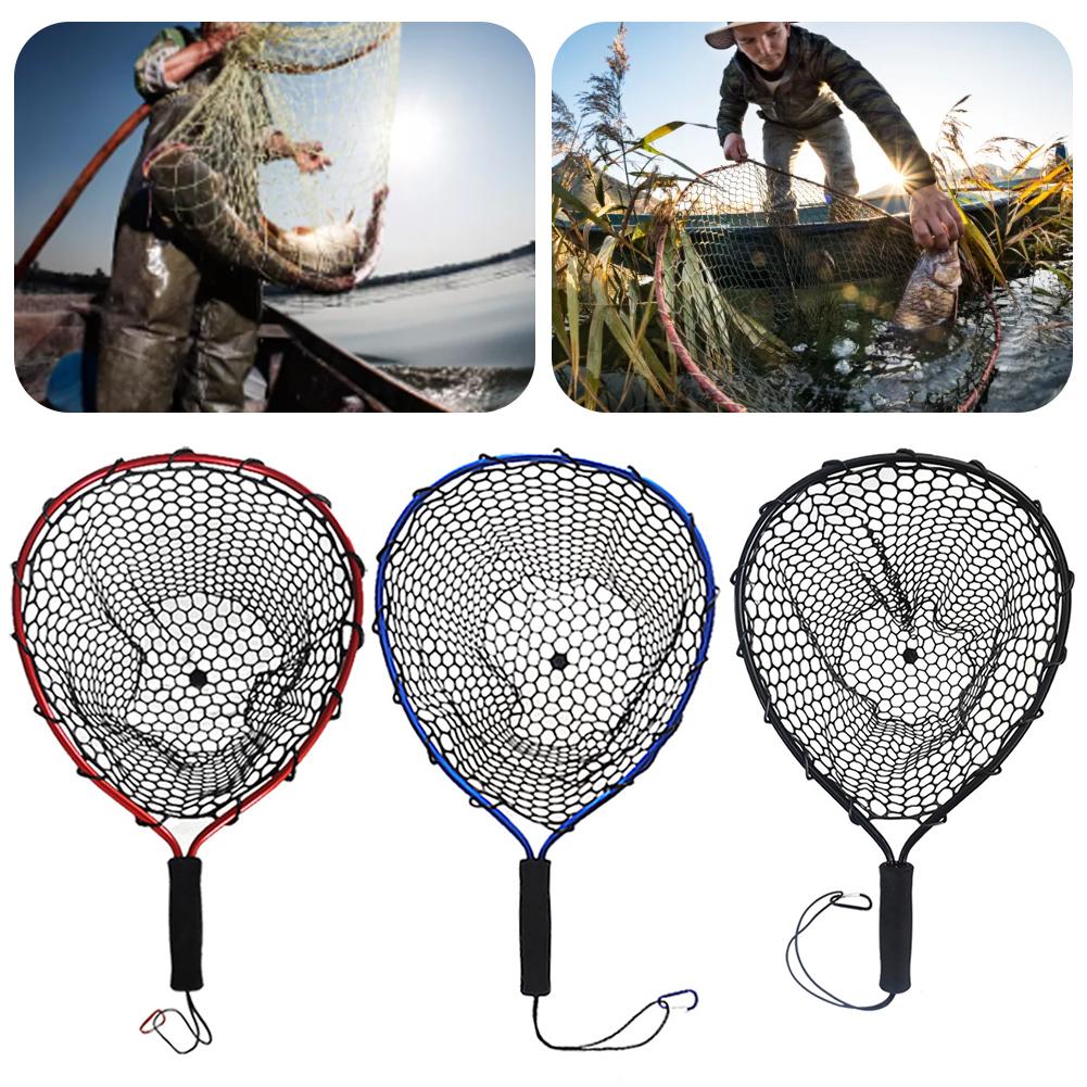 Silicone Fishing Landing Net Soft Fish Net EVA Handle Floating Fishing Net Lightweight Aluminum Alloy Pole for Trout Salmon Bass