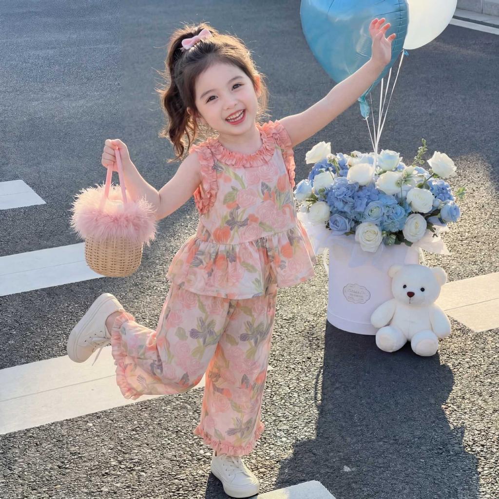 Girls' Floral Lightweight Set Baby Summer Vest Wide-Leg Pants Two-Piece Set Children'S Fashionable Summer Outfit For Toddlers