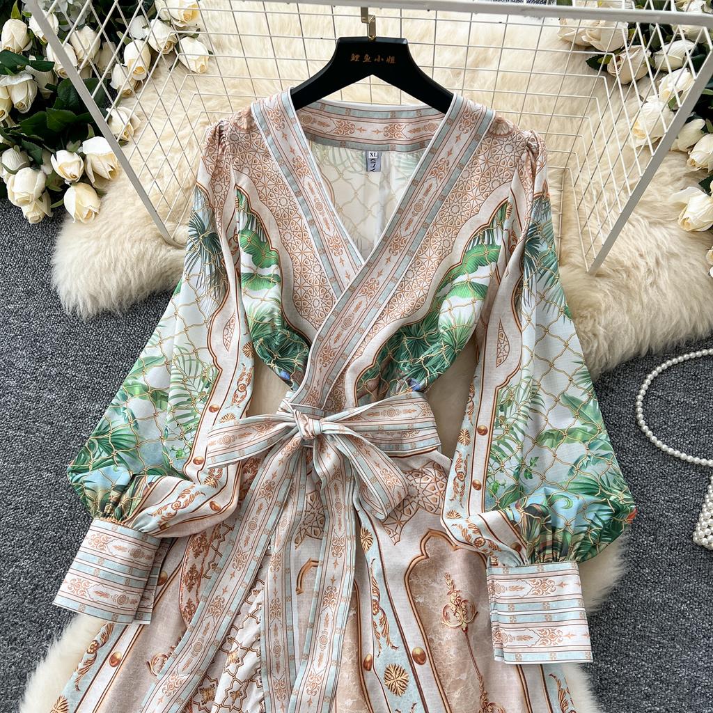 Spring Women Elegant V-neck Designer Print Runway Dress Long Maxi Lace-up Ruffles Holiday Party Dresses
