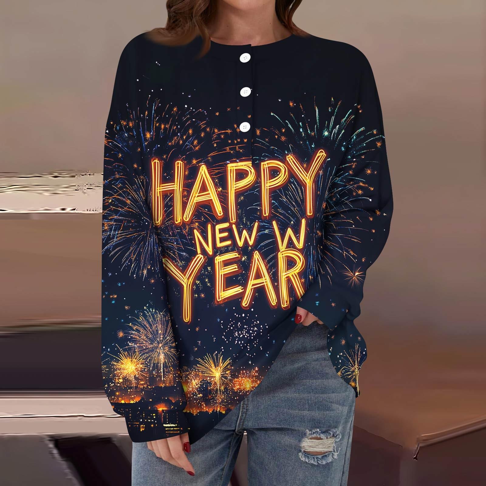 

Женская повседневная мода удобная рождественская футболка с длинным рукавом и круглым вырезом на пуговицах, свободный подол с боковыми разрезами M чёрный