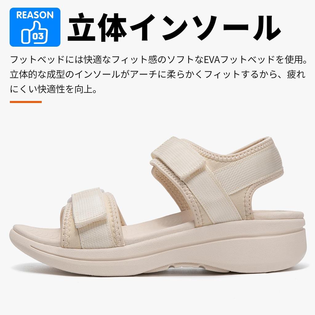 Velcro Sport Comfortable for Summer Outdoor Water and Land 2 Cream [SOARHOPE] Women's Sandals, Sandals, Walking, Lightweight, Leg-Lengthening,