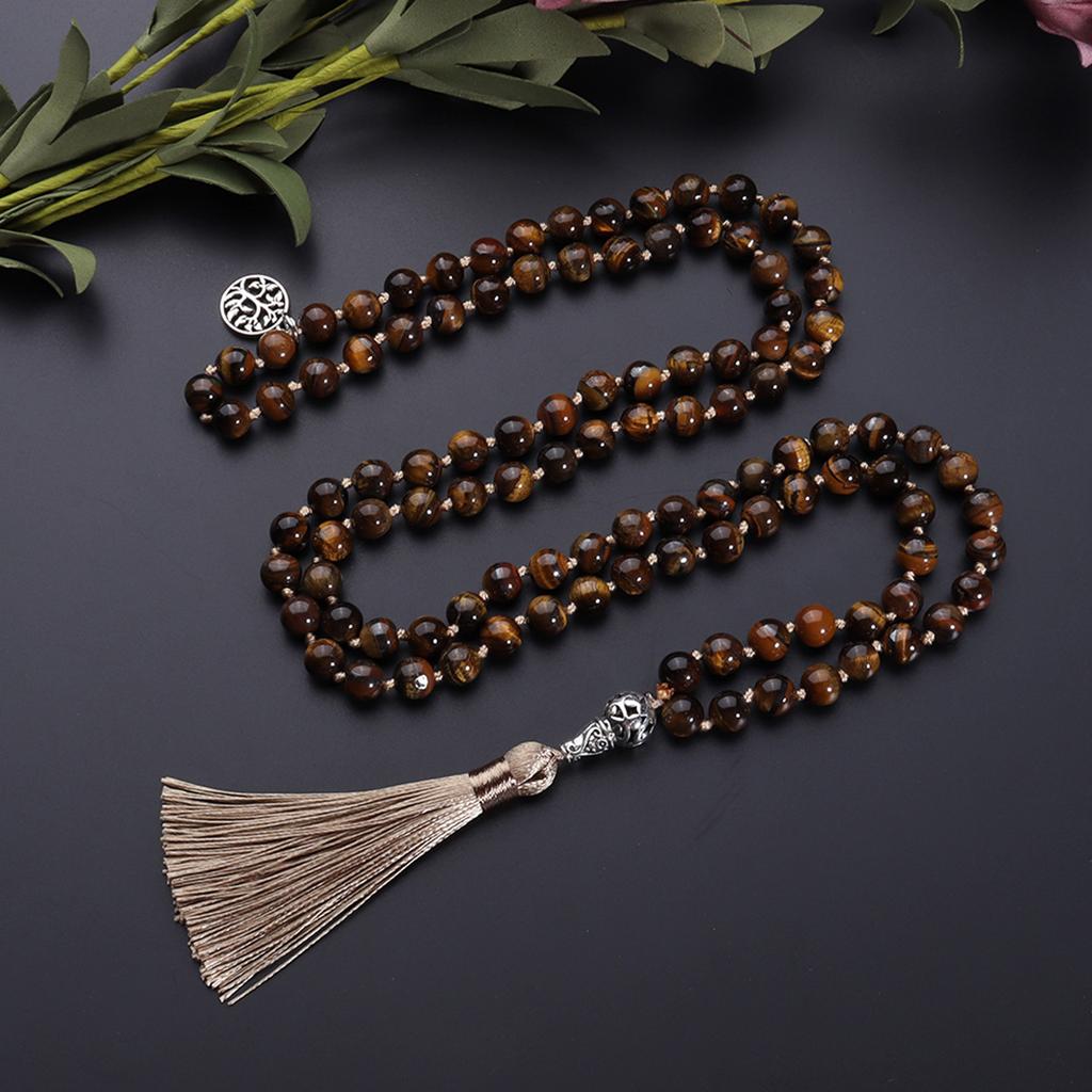 Collana con Perle di Pietra Naturale da 108 con Nodi e Nappe Occhio di Tigre Giallo per Meditazione Yoga Preghiera e Catena per Maglione