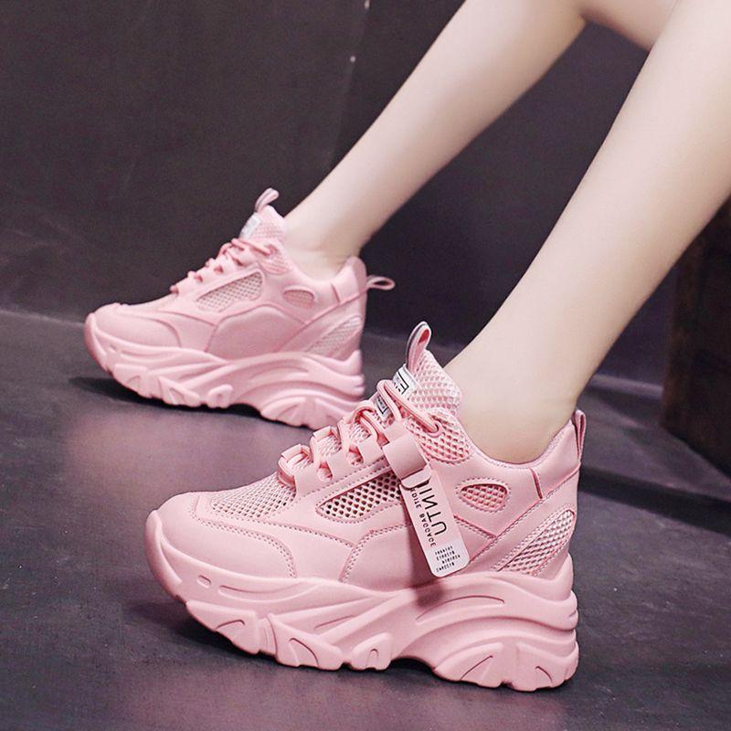 Comemore Våren Joggesko for kvinner Uformelle kvinner Chunky Mesh Tykkbunn Dame Vulkanisere Plattform Sportssko Tennis Dame Rosa