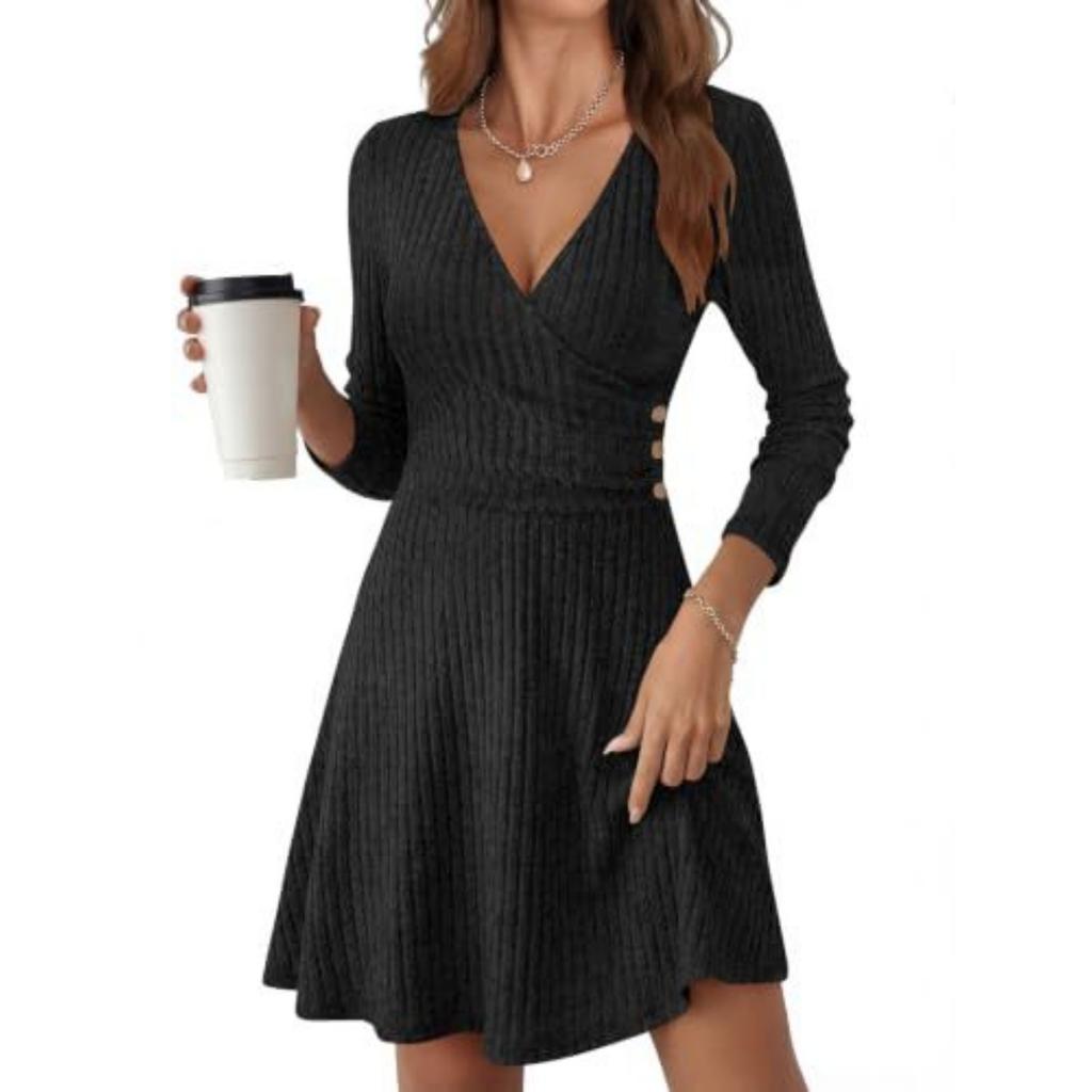 Women's V-Neck Long Sleeve Sweater Dress Casual Knit Pullover for Fall and Winter