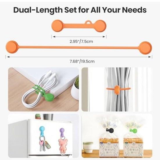 Reusable silicone magnet cable ties 2 size set (7.5cm 4 pieces + 19.5cm pieces) total 8 multi-color binding organizing bookmarking refrigerator use.
