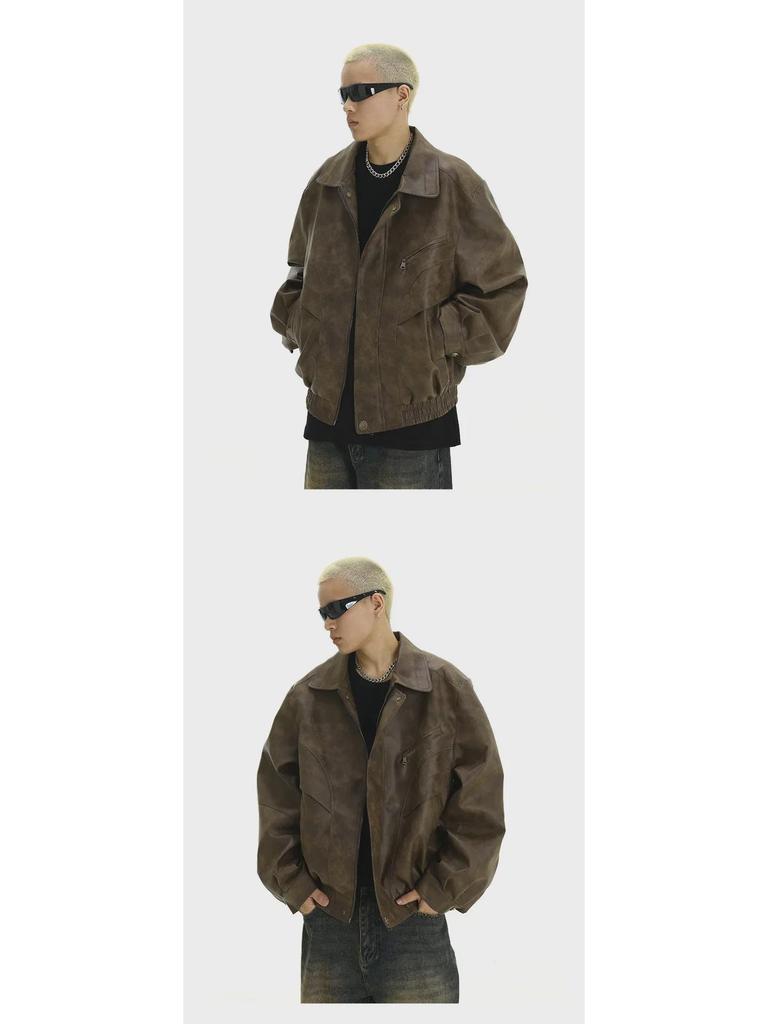 Men's Trendy Retro Brown Distressed Leather Jacket - Cool Design, Casual Lapel, Perfect for Couples