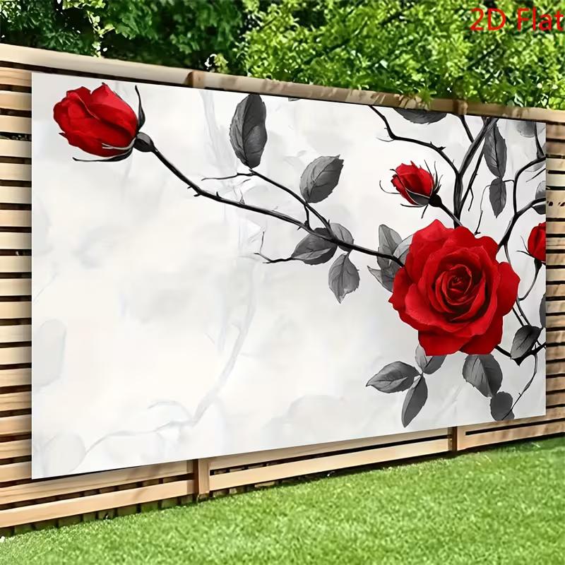 2D Artistic Black and White Red Rose Backdrop for Live Streaming & Decoration