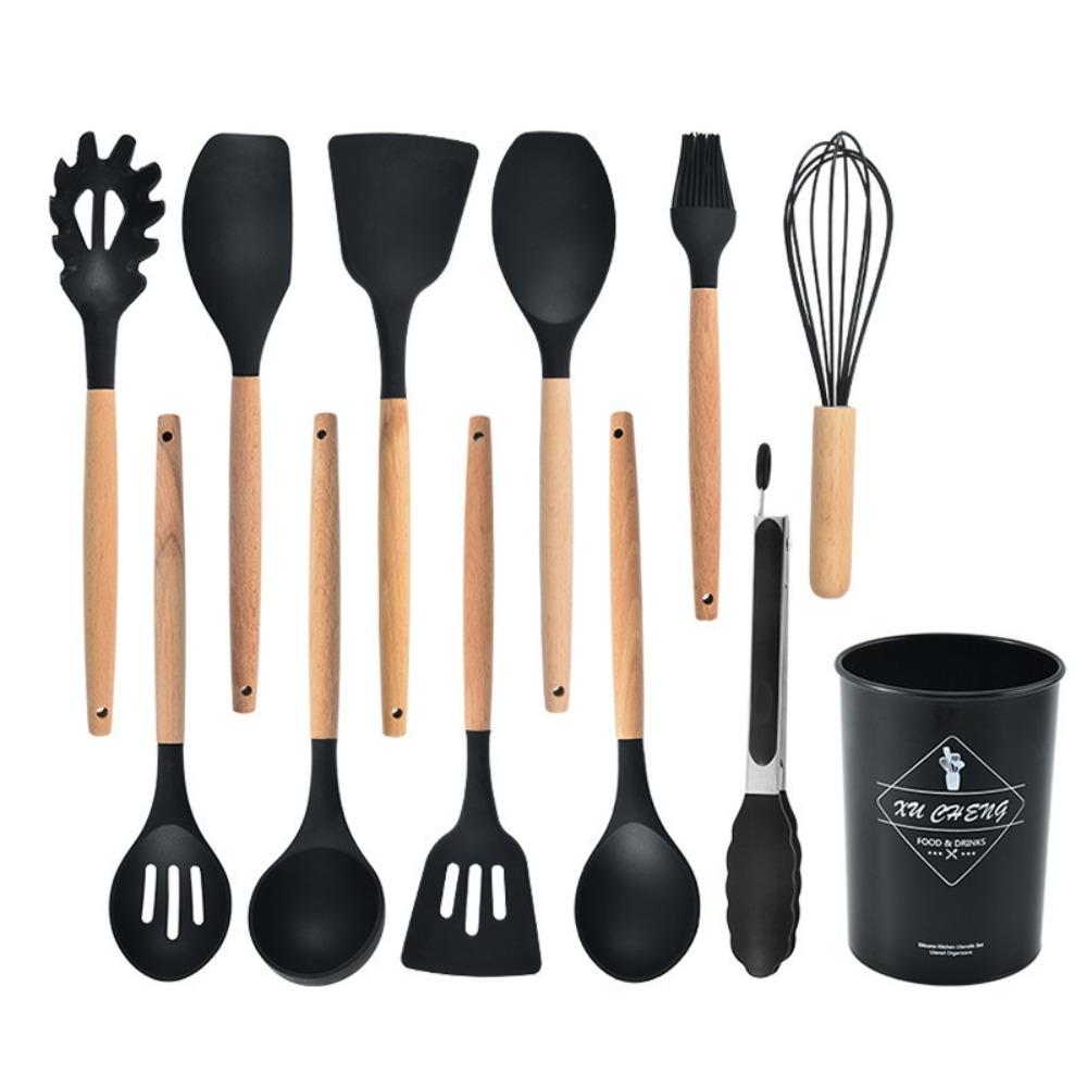 12PCS Food Grade Silicone Cookware Set Heat Resistant Ergonomic Kitchen Utensils Wooden Handle BPA-Free Baking Tools Set