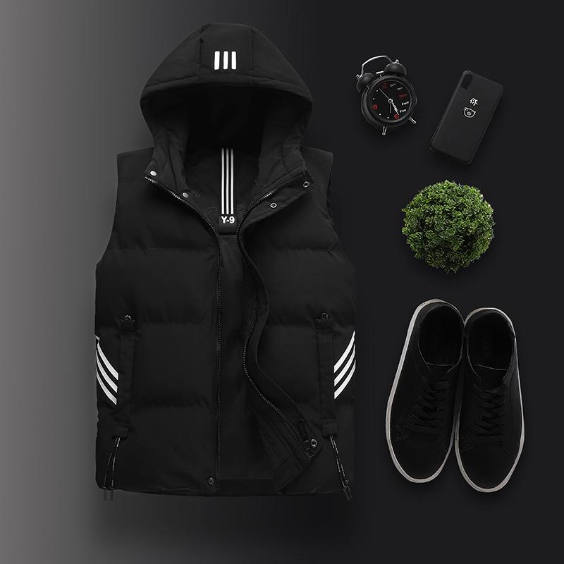 

Мужской осенне-зимний пуховый хлопковый жилет в корейской версии, свободный теплый утолщенный жилет с капюшоном L чёрный