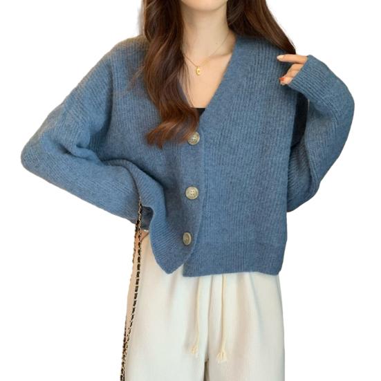 Women Autumn Winter Solid Color Knitting Sweater Coat V-neck Long Sleeve Single Breasted Loose Fit Knitting Cardigan Outwear Streetwear