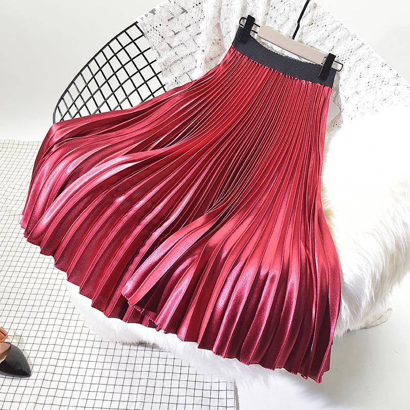 Spring New Solid Color Pleated Skirt Skirt Medium and Long High Waist Skirt