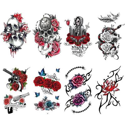 Skull Tattoo Sticker Eternal Meaning Clock Alert Alert Red Rose Pistol Chest Cover Water Transfer Sticker