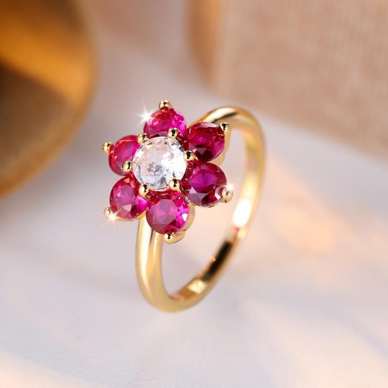 Wish gold rose red flower diamond ring niche temperament versatile no. 6