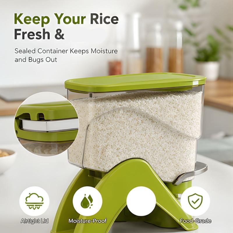 ABS Rice Storage Container with Press Section, Clear Bin and Removable Cup for Countertop Kitchen and Cabinet Access