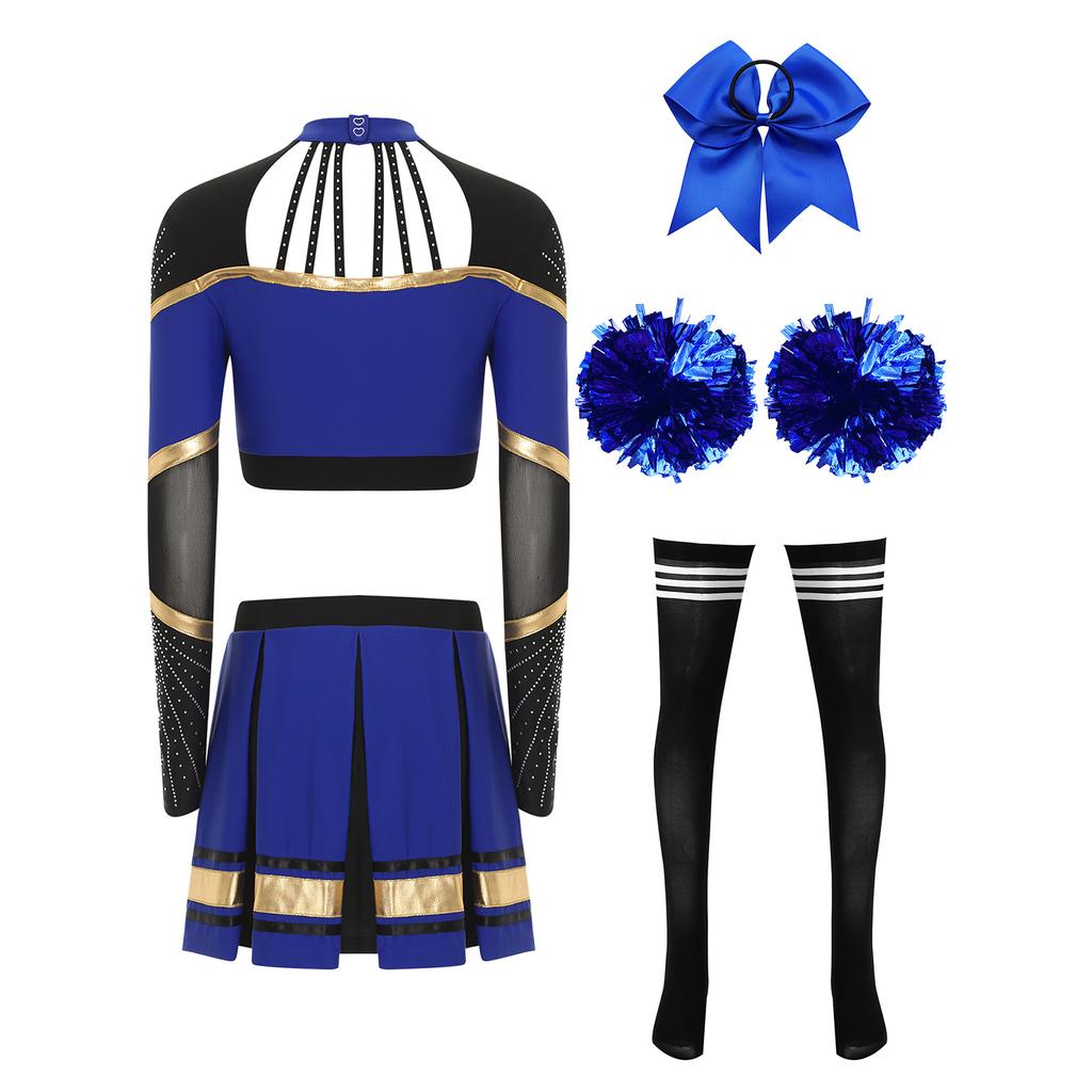 Damen Cheerleading Performance Tanz Outfit Langarm Stehkragen Strass Crop Top Faltenrock Haargummi Set