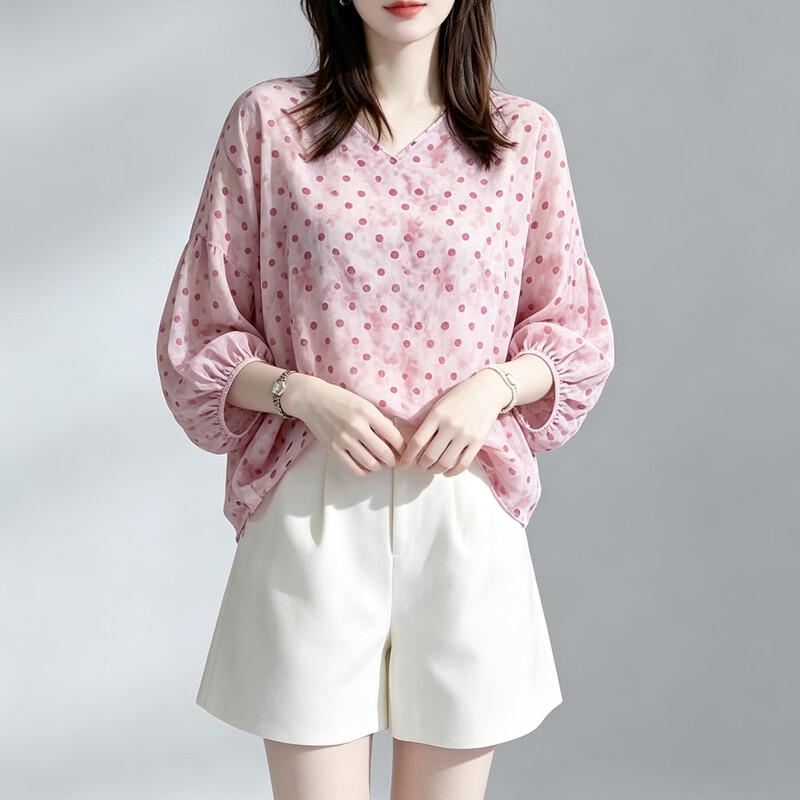 Women s Mulberry Silk Polka Dot V-Neck Blouse L