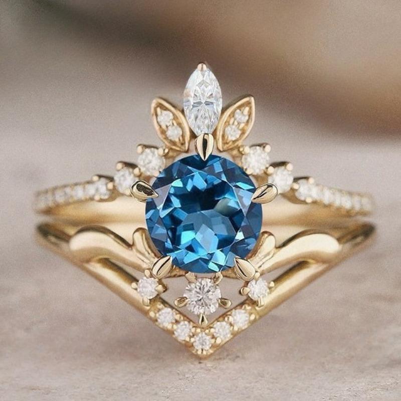 European and American new fashion claw inlaid blue zircon simple luxury personalized women s ring 6&Gold-color аквамарин