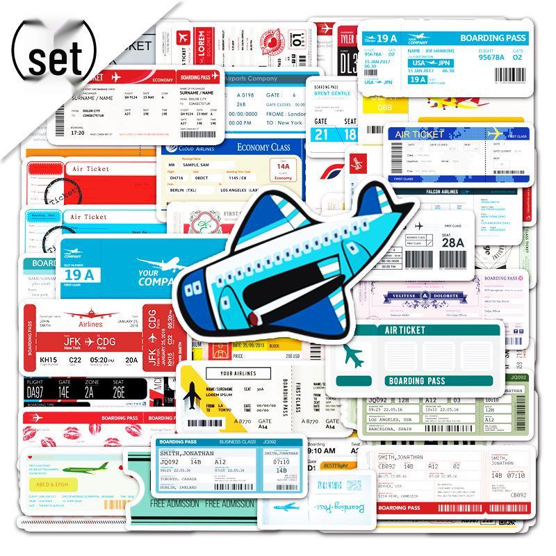 52-Piece Waterproof Cartoon Boarding Pass & Airplane Ticket Stickers Set