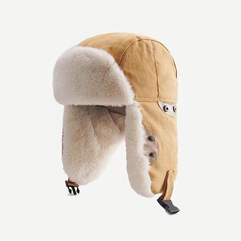 Winter Plush Earflap Bomber Hats Cotton Lamb Hair Ear Protectors Russian Hat Plush Thicken Windproof Mountaineering Ski Snow Pilot Outdoor Sport Cap