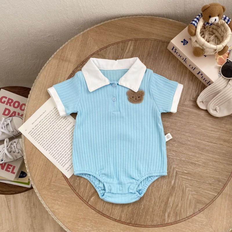 Korean Style Lapel Ribbed Cotton Baby Romper - Little Bear Design for Boys & Girls 66cm
