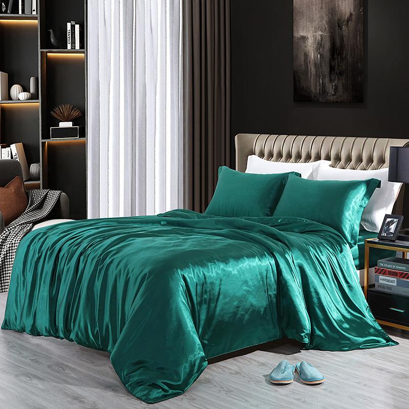 European Solid Color Mulberry Silk Bedding Sets Ice Silk Satin Cooling Bedclothes High Quality Skin-Friendly Smooth Duvet Kit