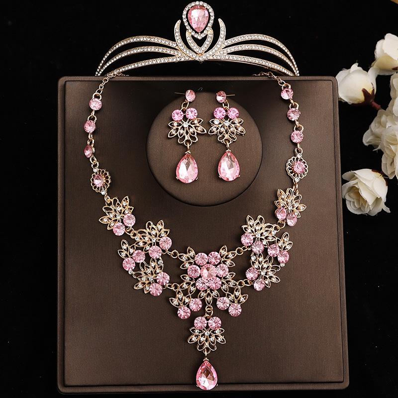 Pink Bridal Crown Three Piece Suit Wedding Crown Tiara Necklace Earrings Korean Super Fairy Wedding Dress Accessories