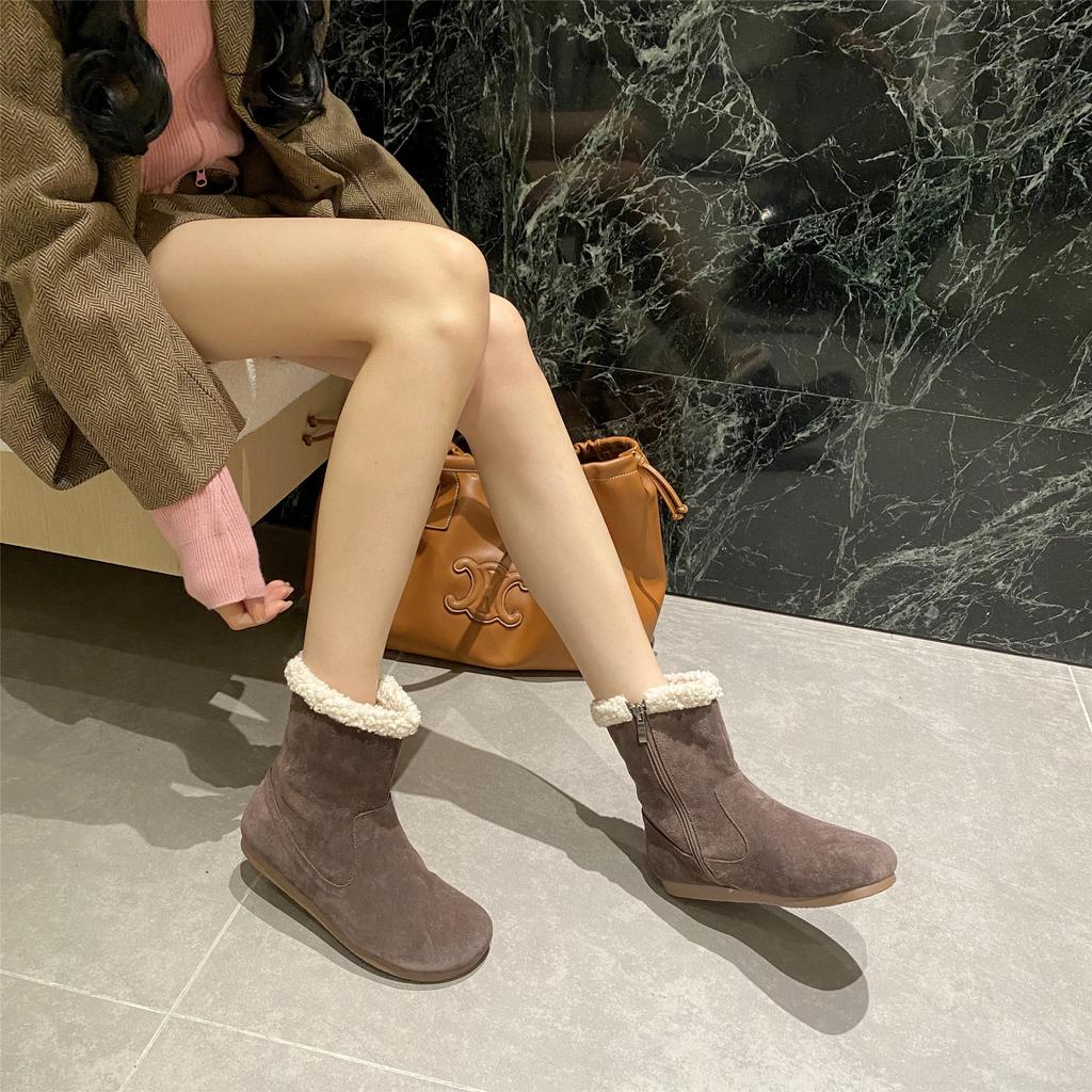 Autumn and winter warm chestnut fluffy shoes women wear velvet flat beanie shoes short boots snow boots cotton shoes