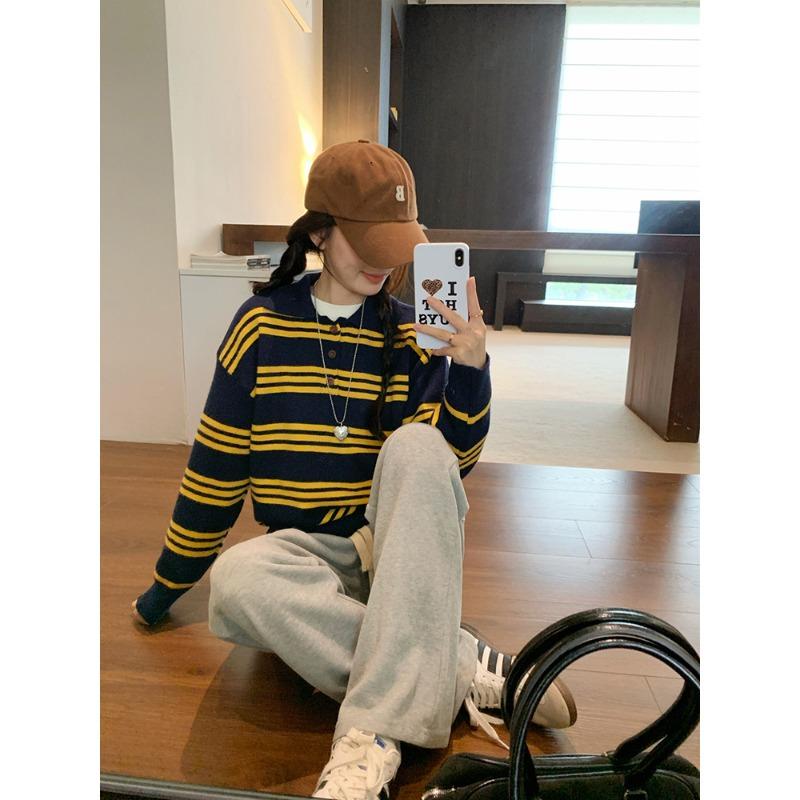 Vintage Polo-Kragen gestreifter langärmeliger Strickpullover Herbst locker altersreduzierend Oberbekleidung Unterziehpullover Damen