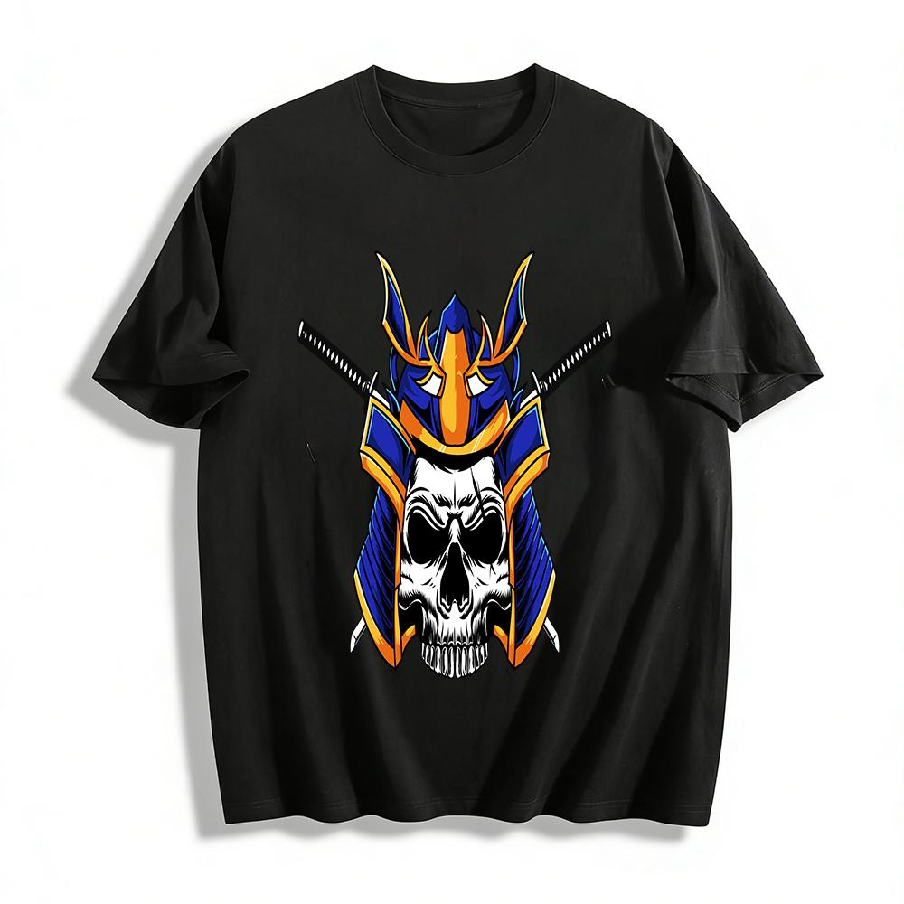 Vintage Samurai Skull Dual Swords Print Cool Casual Short Sleeve T-Shirt Pure cotton T-shirt XXS