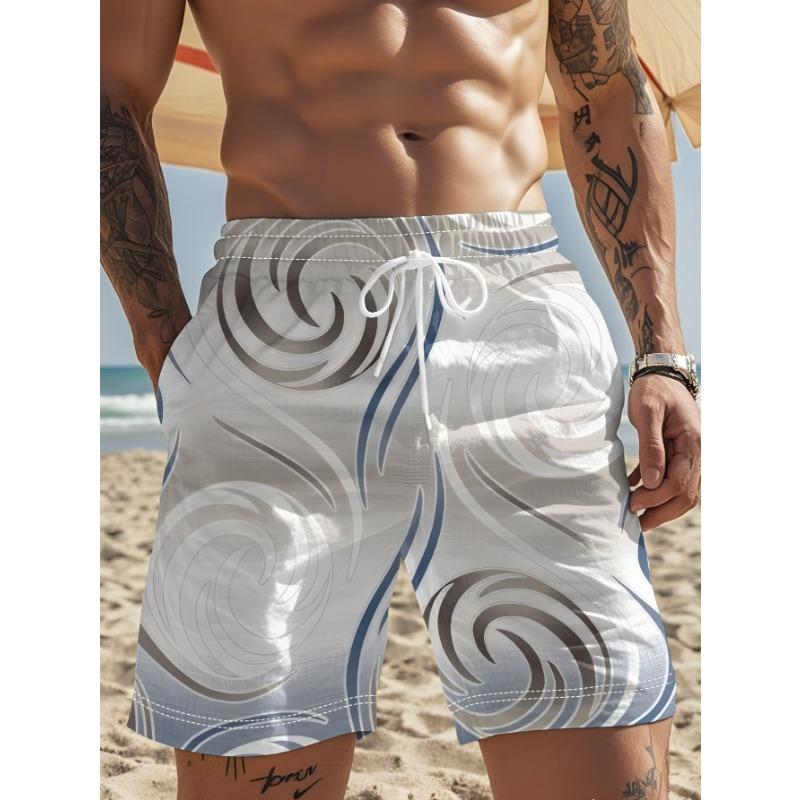 Printed design summer men s beach pants gray white blue spiral line pattern drawstring style fresh resort style beach swimming daily wear S