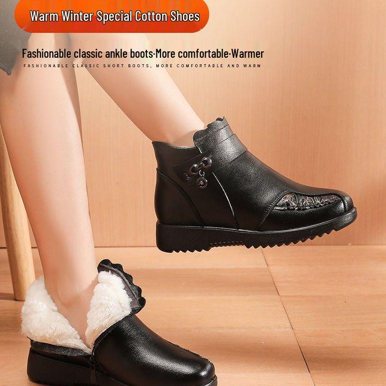 Dámské zimní boty z pravé kůže, protiskluzové, teplé - Měkká podrážka a silná sametová podšívka pro střední věk a seniory