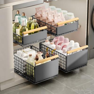Pull Out Cabinet Organizer With Wooden Handle Kitchen Storage Sliding Drawer Spice Storage Rack For Kitchen Cupboard Organizer