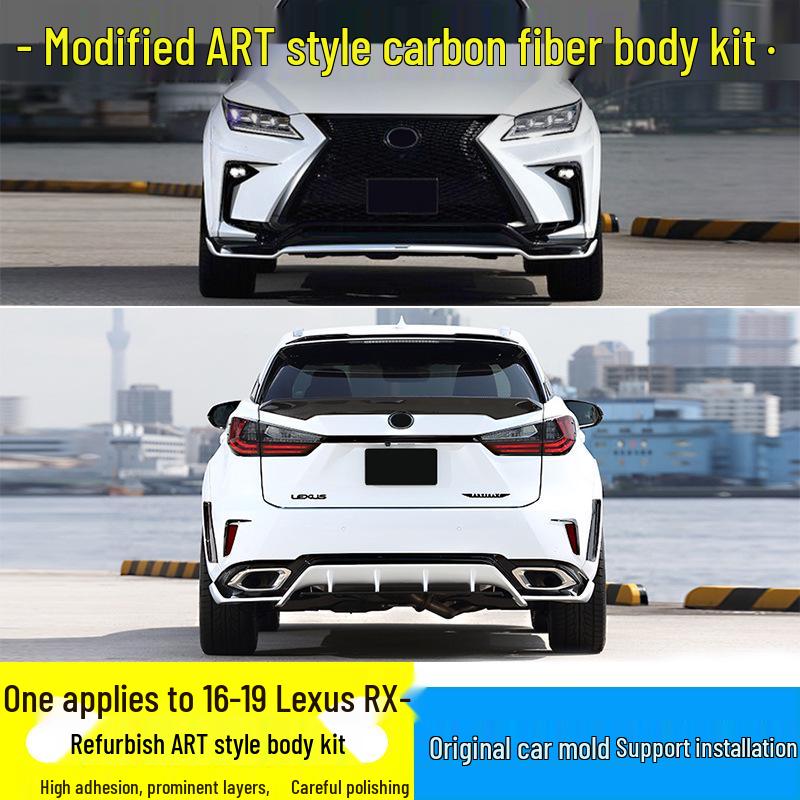 Compatible with 2016-2019 Lexus RX: Front/rear Lips, Side Skirts, Lower Lip, Resin Arches, ART Roof, Rear Wing, and Canards.
