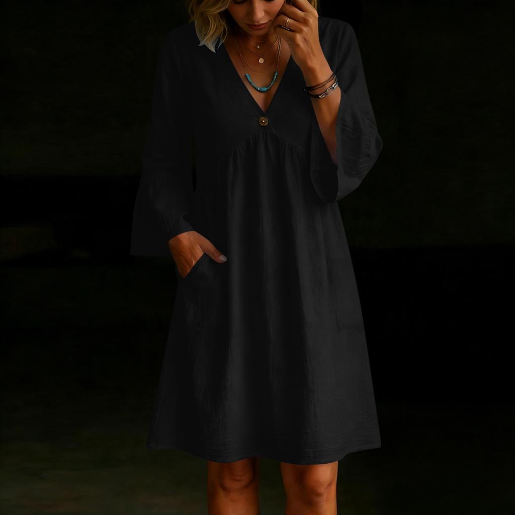 Women's Color V-Neck Button Loose Fit Dress with Flare Sleeves and Pockets for Beach Vacation