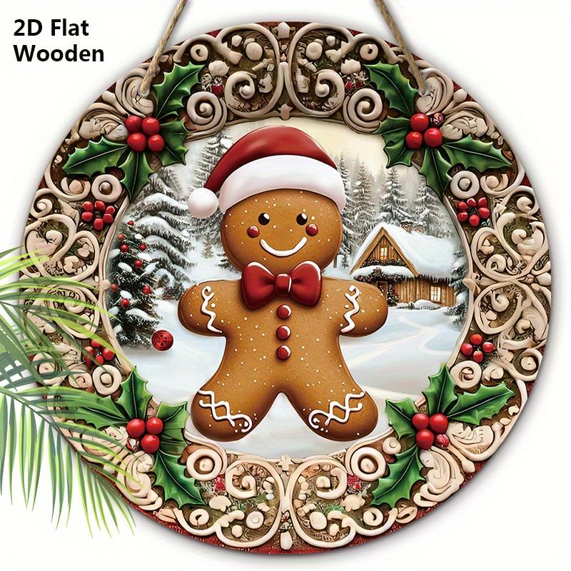 Wooden Christmas Sign with Gingerbread Man Pattern - Navidad Round Sign for Front Door, Wall Hanging Decor - Ideal Christmas Decoration