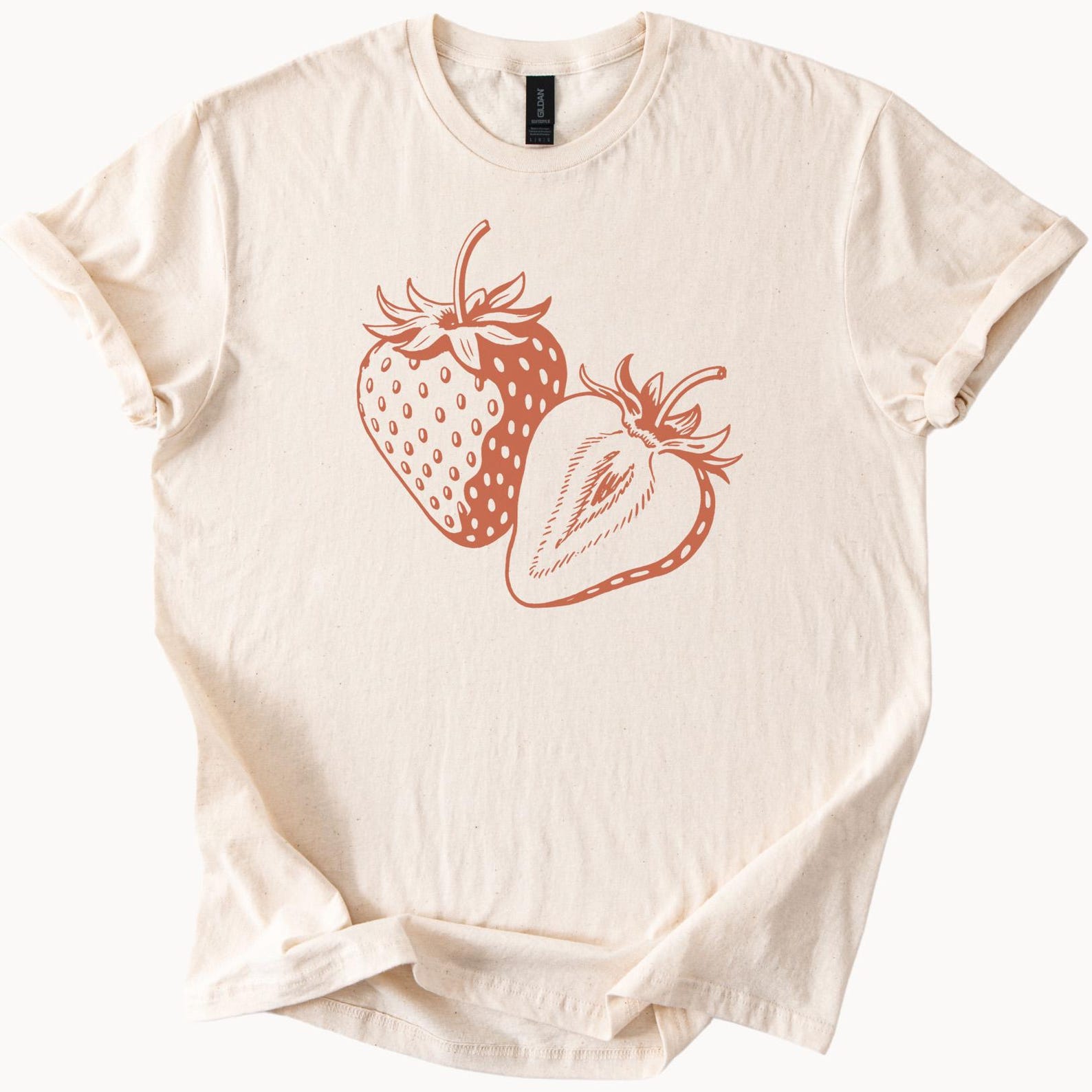 Strawberry Graphic T Shirt Hand Drawn Fruit Illustration Cream Tee Summer Fruit Lover Shirt Botanical Berry Design Soft Cotton Top 140