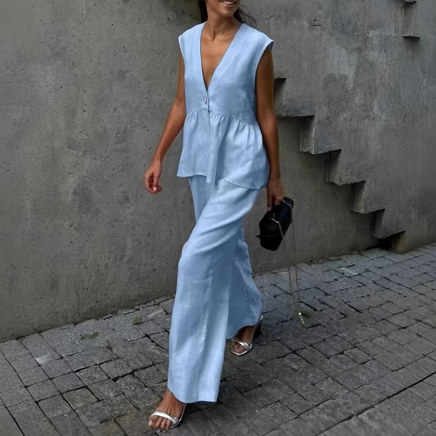 

YYFS Женская мода повседневная летняя весна однотонный принт без рукавов V-образный вырез брюки брюки костюмы L светло-синий