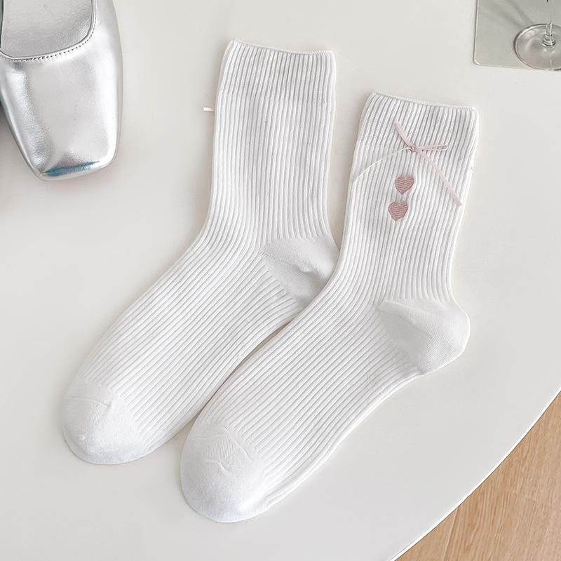 Bow Socks, Women's Mid-calf Socks, Spring and Summer Pile Socks, Embroidered Heart-shaped Trendy Cotton Socks, Long Pile Socks