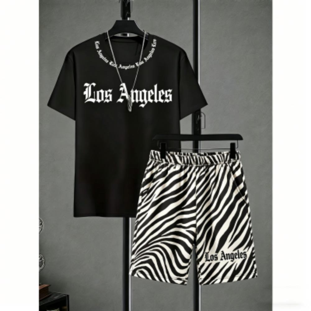 Fashion Men's Set Letter Zebra Stripe Colorful Printed Men's T-shirt and Shorts 2 Piece Set Summer Casual Outdoor Men's and Women's T-shirt Sets