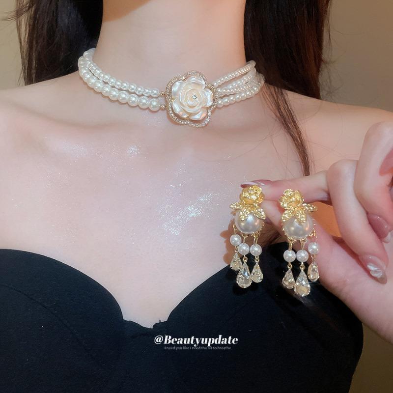 Meier Diamond-studded floral multi-layer pearl necklace and earring set - french vintage court style jewelry