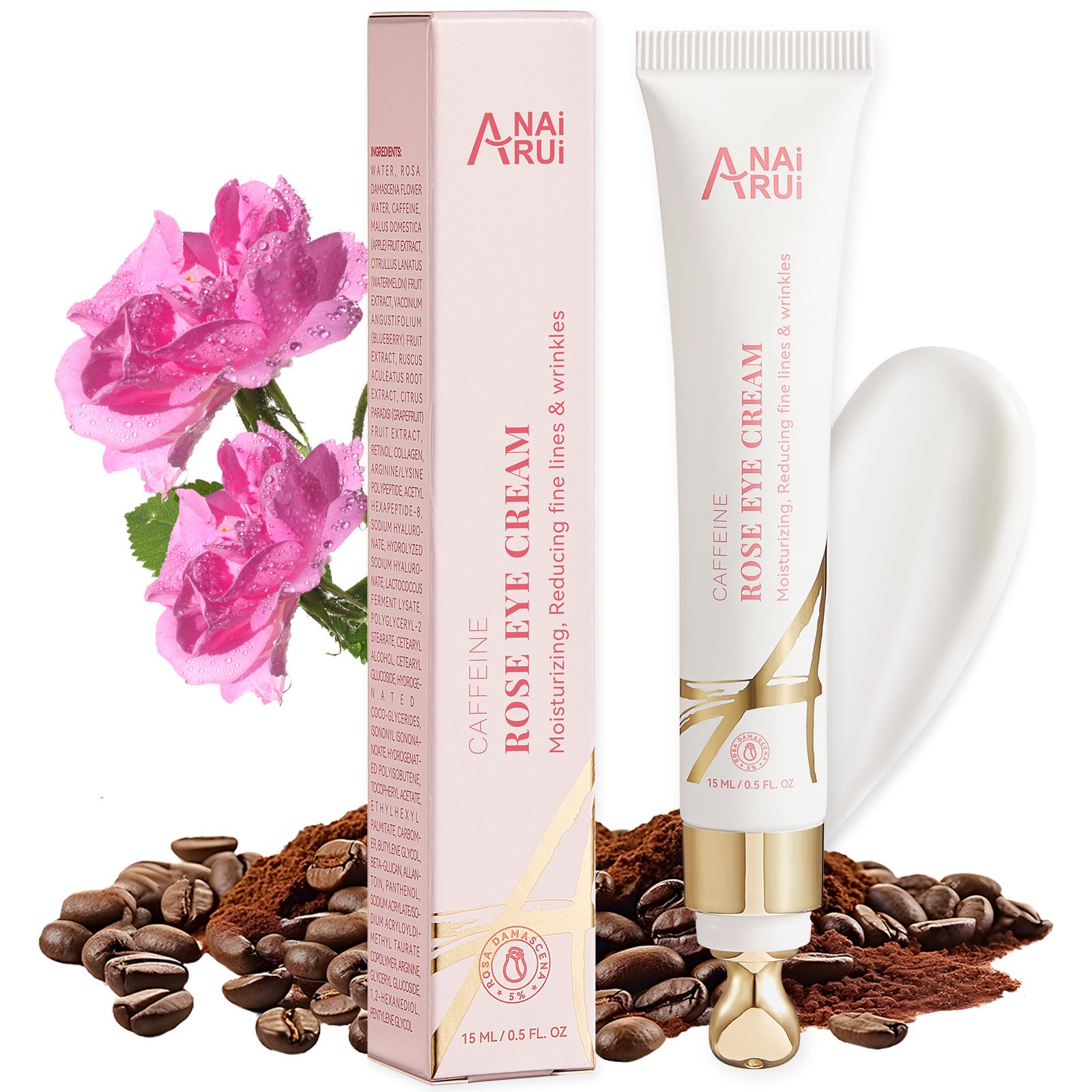 ANAiRUi Rose Caffeine Eye Cream, Anti-Aging Firming Eye Cream with Cooling Roller, Dark Circle Puffiness Fine Line Treatment 15ml