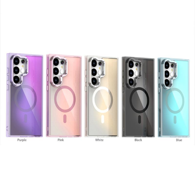 For Magsafe Magnetic Luxury Solid Color Border Lens Holder Phone Case For Samsung S25 Ultra S23 S22 S24 Ultra Plus FE Back Cover