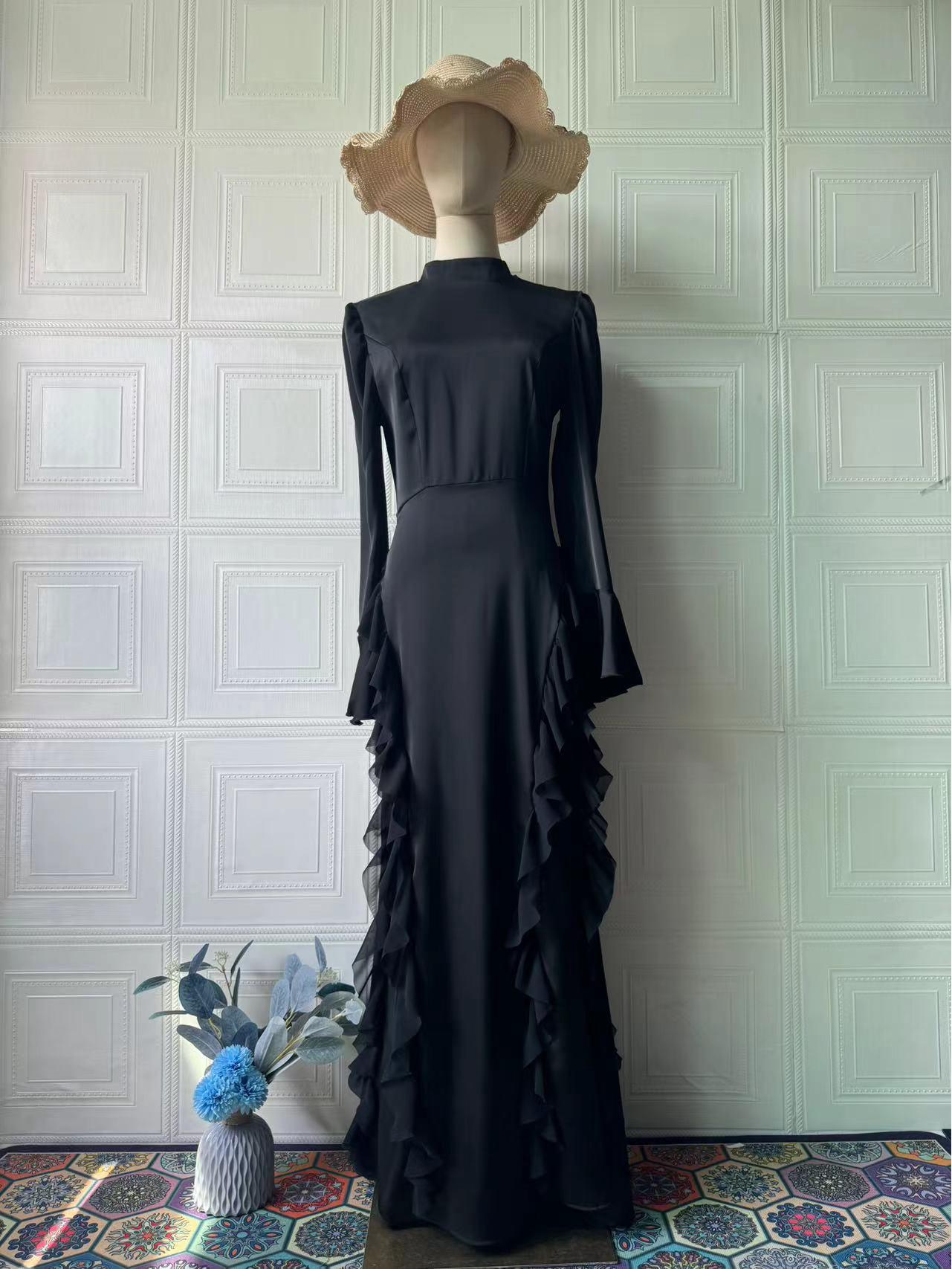 

Сукня з сатину та шифону на весну 2025 року з напіввисоким коміром та зав язками L чорний