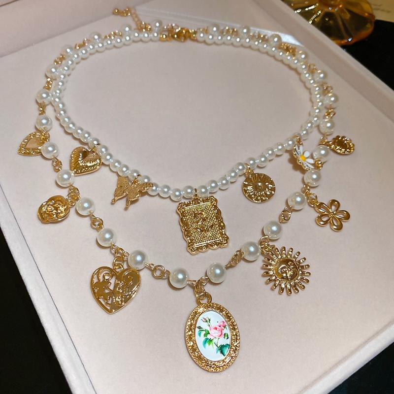2Pcs/Set Sunflower Heart Geometric Pendant Necklace For Women Luxury Imitation Pearl Chain Necklaces French Palace Jewelry
