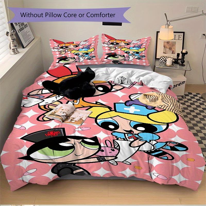 3pcs Powerpuff Girls Printed Quilt Set - Includes 1 Quilt Cover and 2 Pillowcases, Machine Washable - Suitable for All Seasons.F068