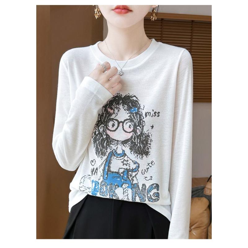 Autumn Printed Long-sleeved T-shirt Loose Cartoon Blouse 2025 New Age-reducing Top Thin Inner Wear