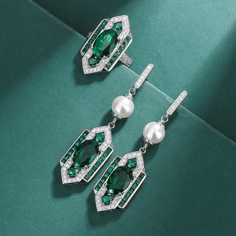 Classical Style Jewelry Set New Chinese Emerald Ring Earrings Green Vintage High-end