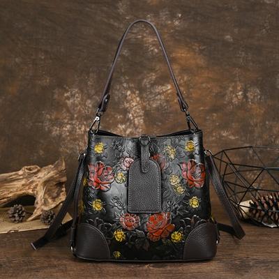 Women Genuine Leather Bucket Bag Retro Embossed Cowhide Handbag Large Capacity Shoulder & Crossbody Bags